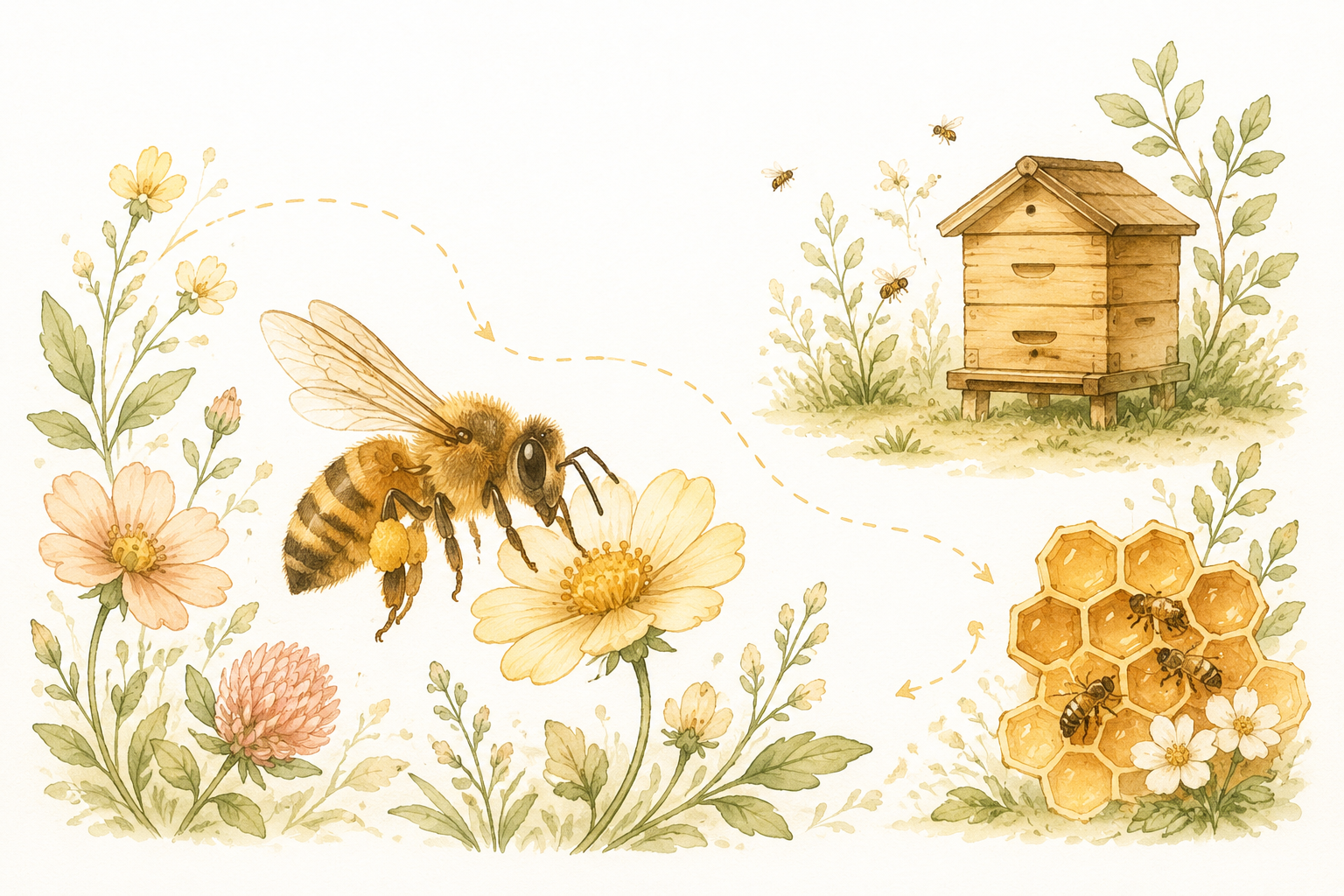 Une abeille relie les fleurs, la ruche et les alvéoles