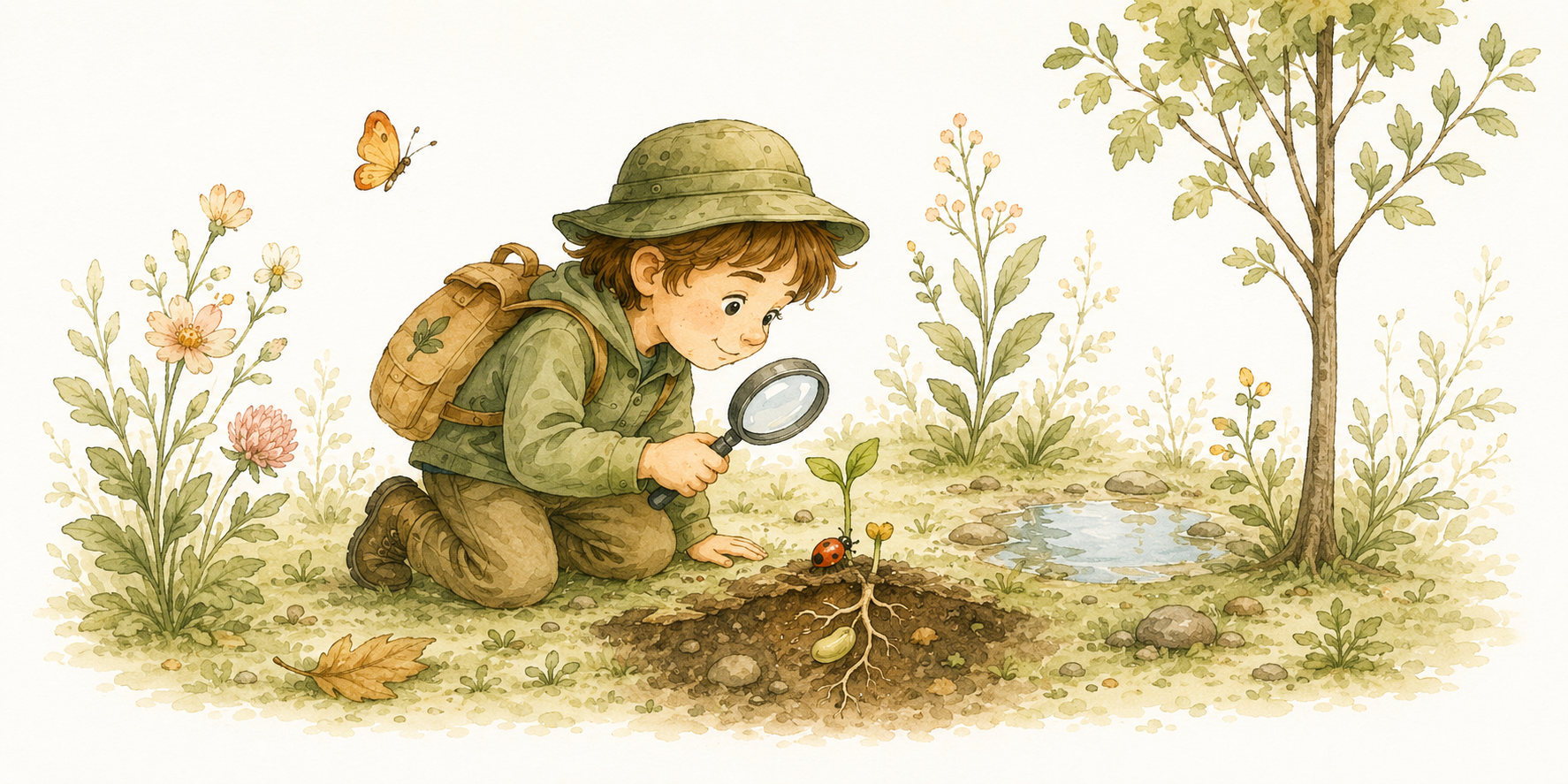 Un petit explorateur observe une jeune pousse et les petites bêtes de la nature