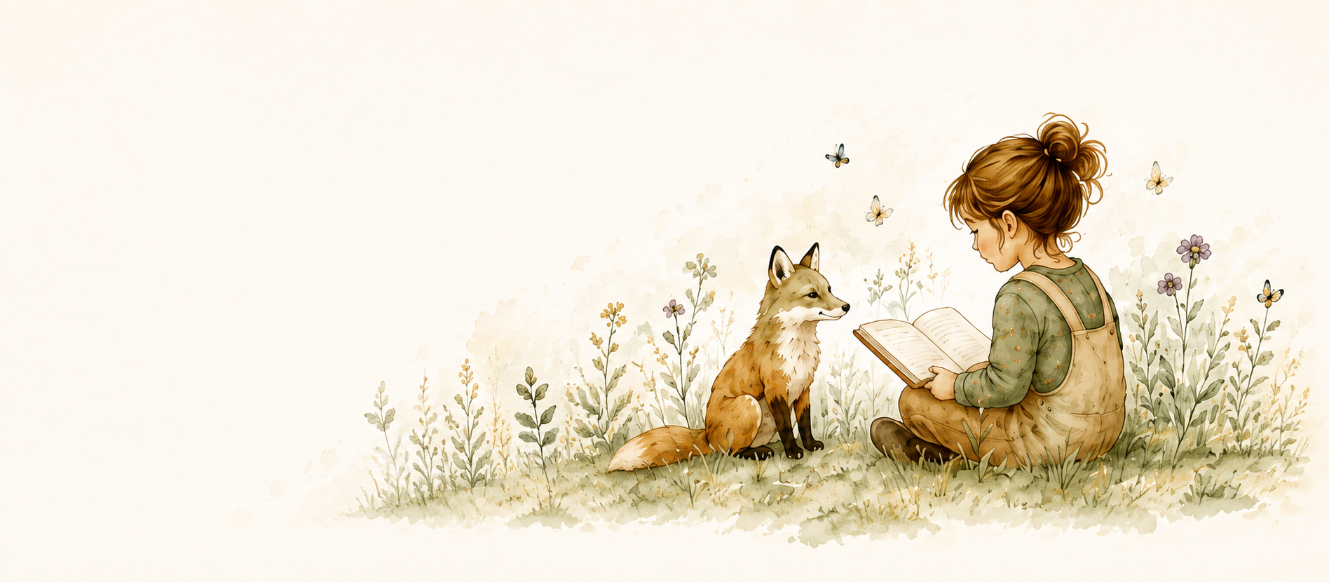 Un enfant lit avec un renard dans une prairie aquarellée