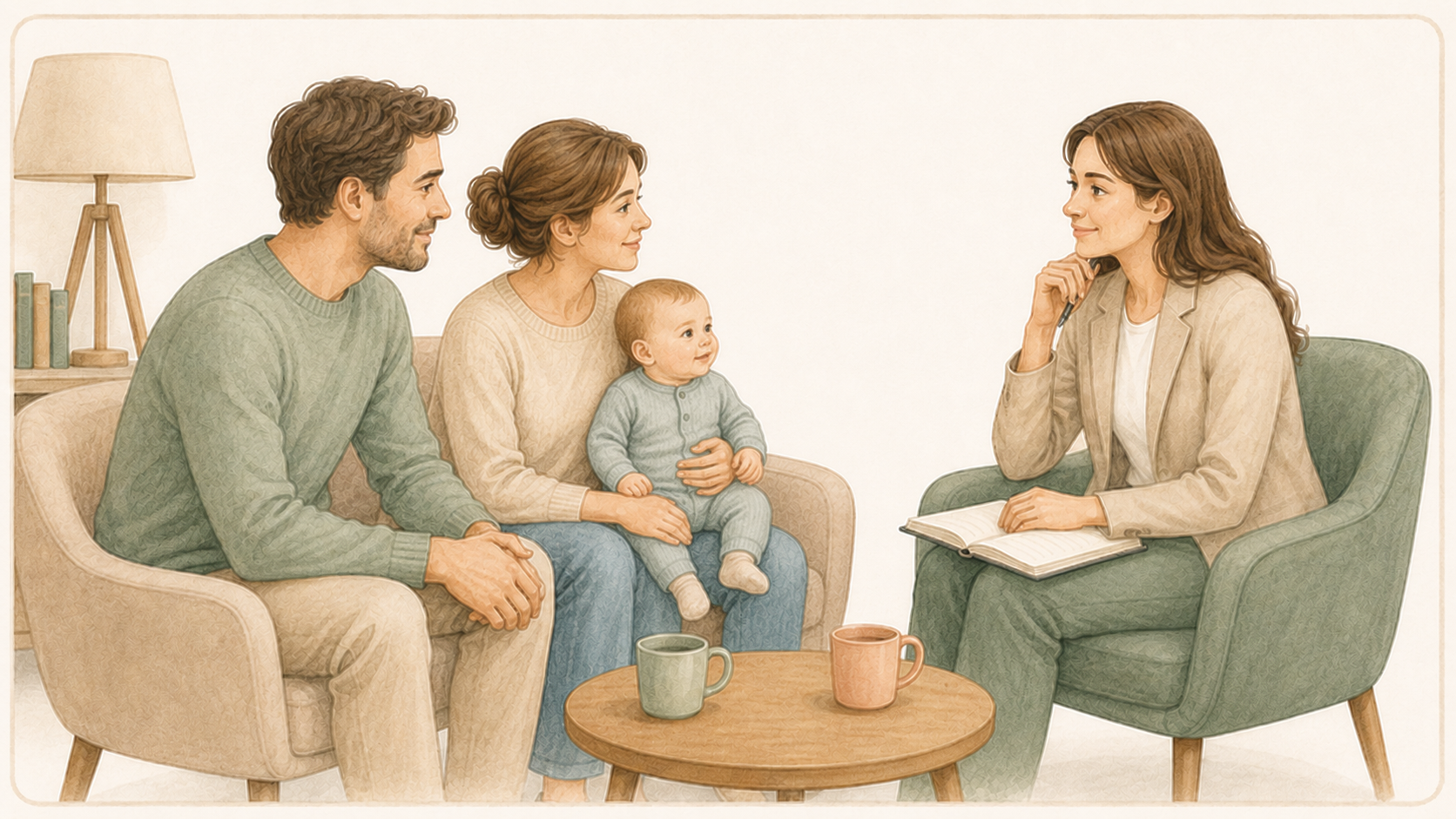 Deux parents et leur bébé échangent avec une professionnelle